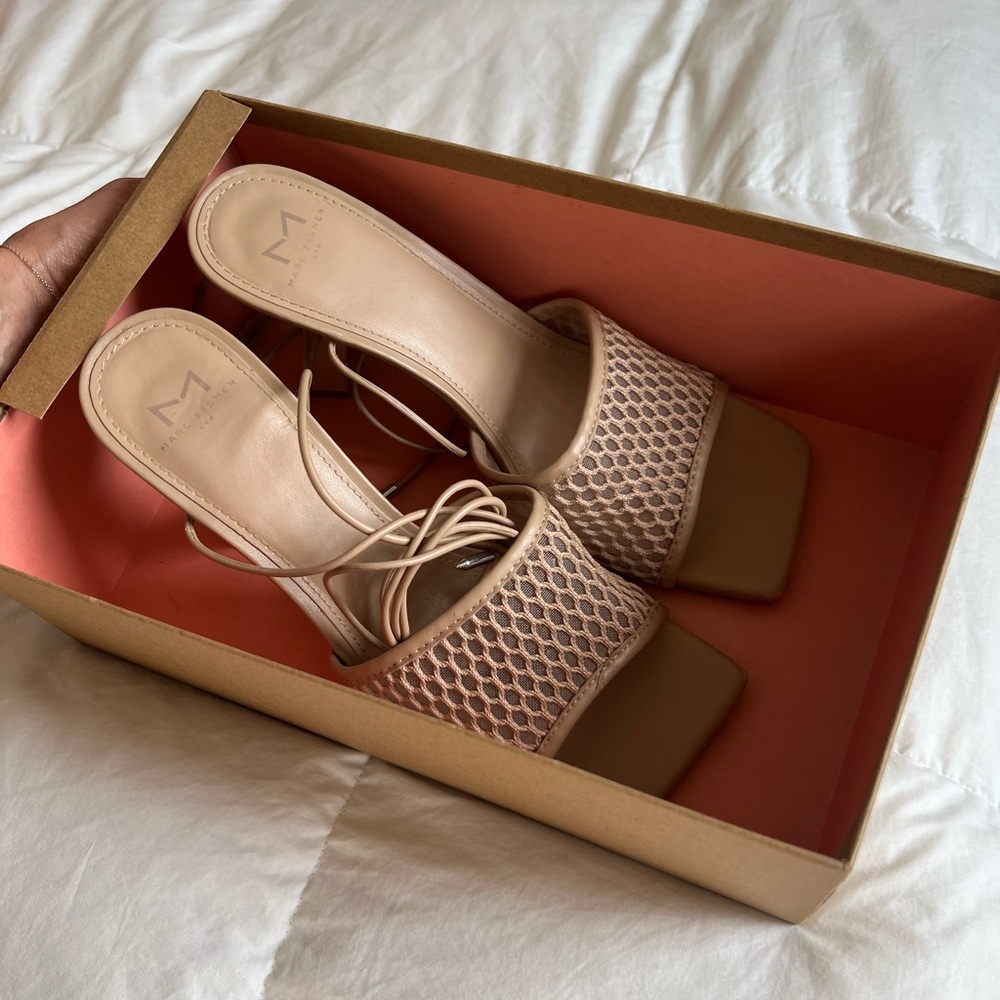 Marc Fisher Beige Lace Up Heeled Sandals – Square Toe, Size 9